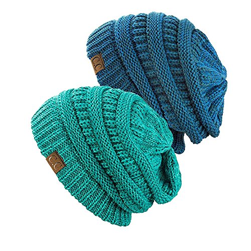NYFASHION101 Exclusive Unisex Two Tone Warm Cable Knit Thick Slouch Beanie Cap (2 Tone Mint & Blue/Teal)