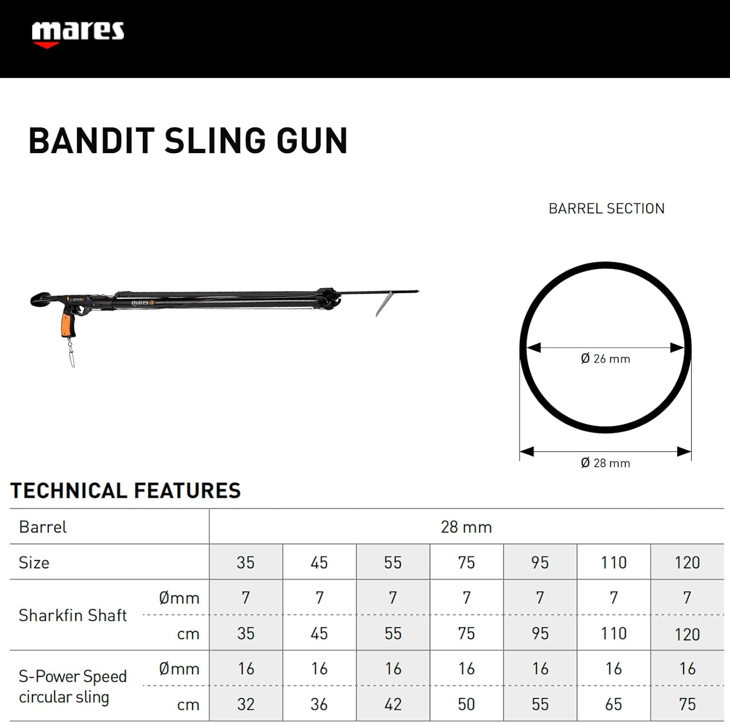 Mares Bandit Sling Speargun - Durable Easy to Use Spear Gun for Spearfishing - Ergonomic Handle, 7mm Shaft & 16mm Circular Elastic Band