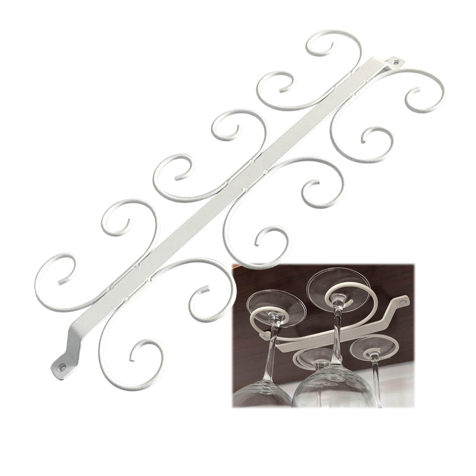 ASYJVWYZ Decorative Scrollwork Wine Glass Hanger Rack, Metal Under Shelf Stemware Holder，Space-Saving Glassware Storage(White,12 cups)