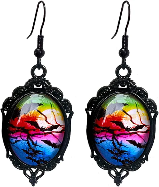 Gothic Bat Cameo Earrings Vintage Witch Dangle Earrings Punk Dark Raven Earrings Halloween Jewelry Accessories for Women