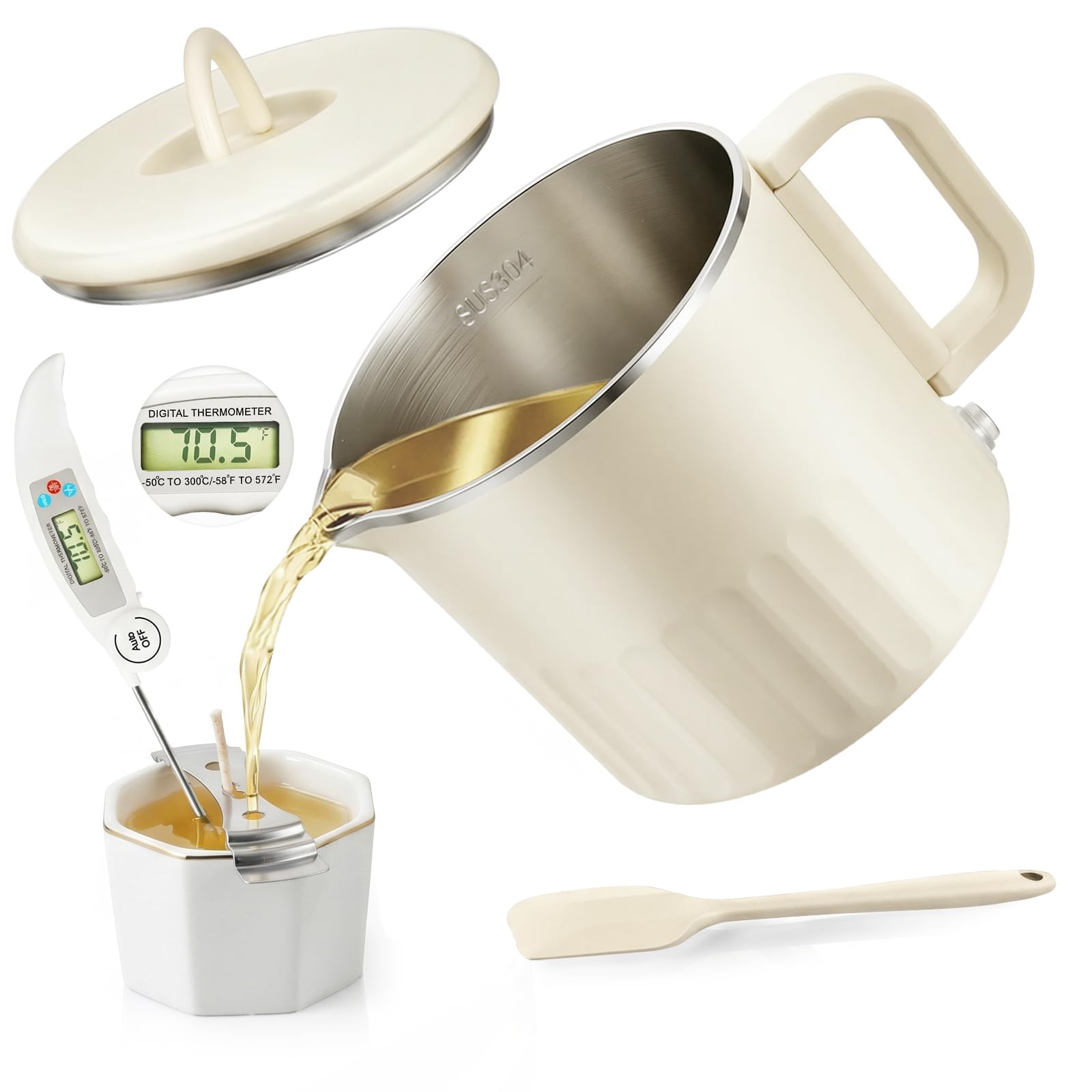 ADOGO Wachsschmelzer Kerzen Selber Machen Set für Anfänger erwachsene, Set inkl 1L Wachsschmelztopf, Docht, Rührlöffel, Thermometer, Dochtaufkleber und Zentriervorrichtung