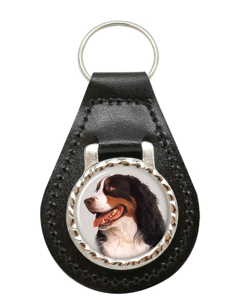 Giftshop Uk Unisex Black Leather And Silver Metal Bernese Mountain Dog Leather Key Fob