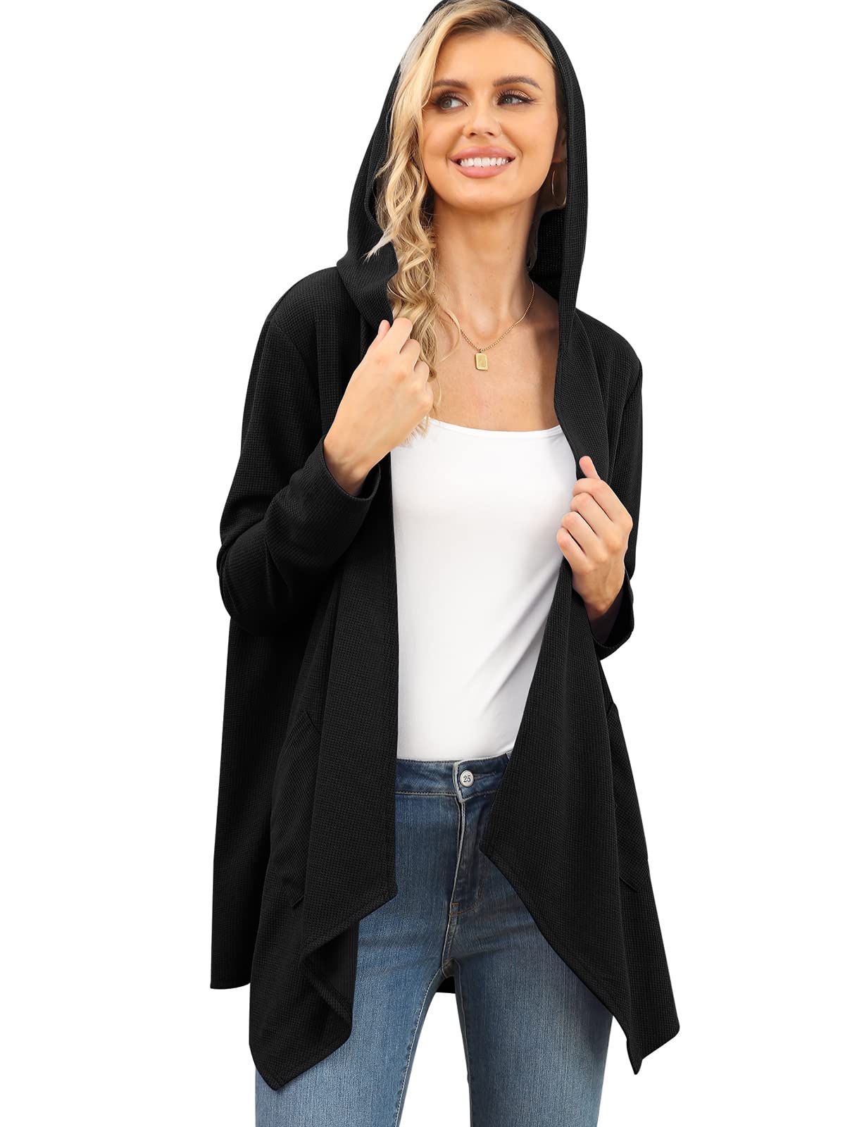 VIISHOW Womens Lightweight Casual Hoodie Cardigans Open Front Waffle Knit Long Sleeve Outwear Coat with Pockets