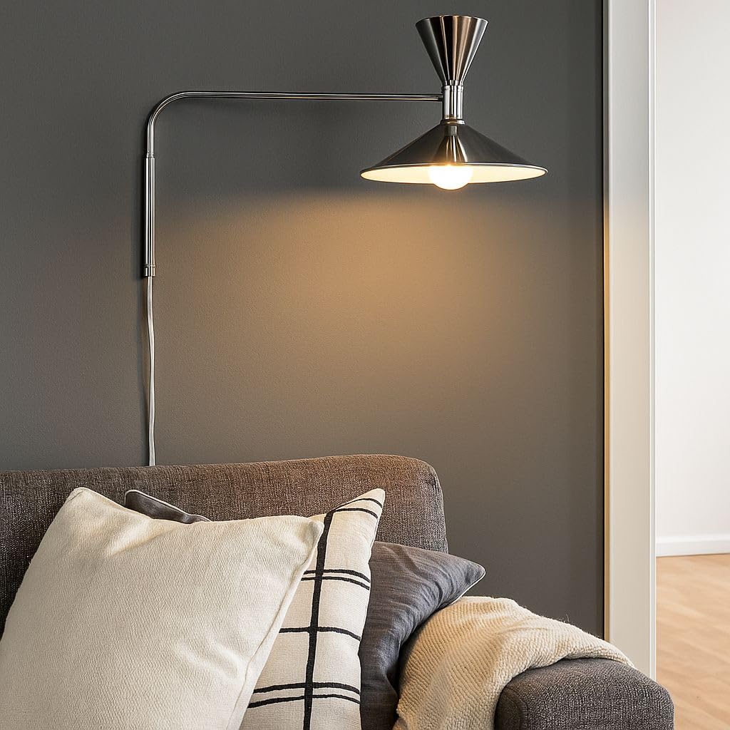BARCELONA LED Lampada da Parete Industriale Grande 40 cm, Applique a Braccio Articolato, Stile Vintage e Moderno, Paralume in Metallo Cromato Interno Bianco, per Ristorante, Scale e Camera