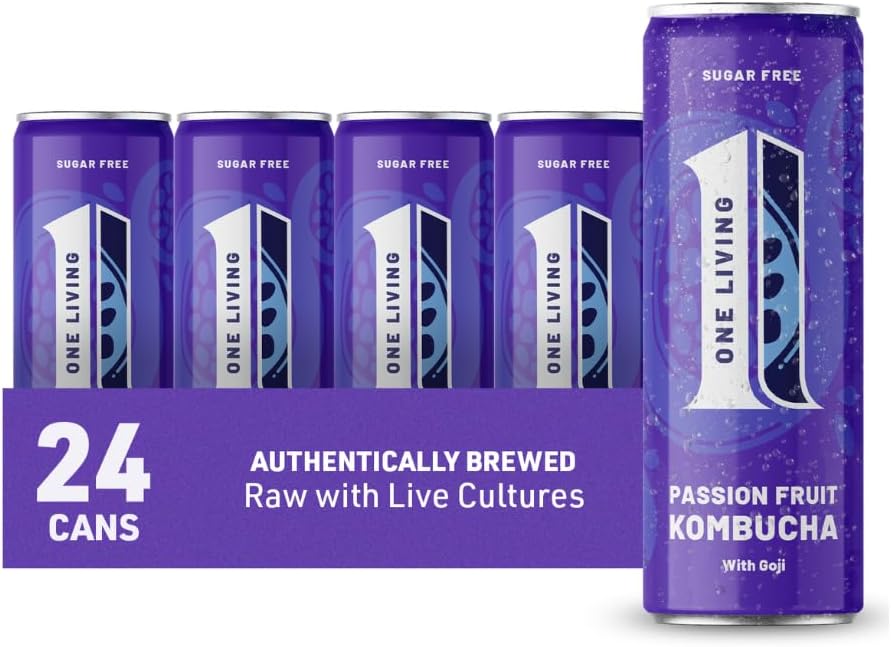One Living Kombucha Drink - Passion Fruit with Goji - 24 x 250ml Cans - Sugar Free, Great Tasting Authentically Brewed Kombucha with Live Cultures - Lightly Sparkling, 100% Natural, Vegan