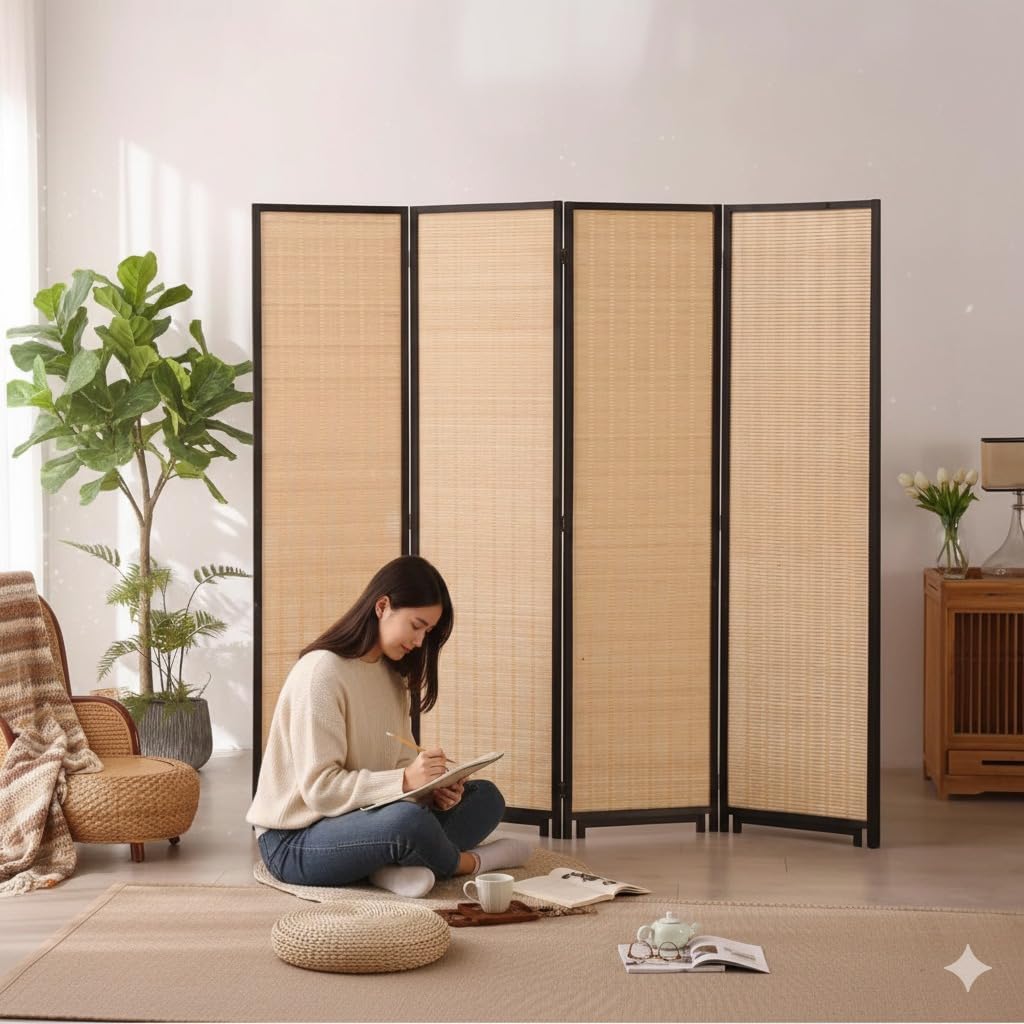 Vital 4-Panel Room Divider Folding Privacy Screen | Rattan Partition Wall for Bedroom Living Room Office | Portable Freestanding Divider Screen for Home & Studio|Beige - 3