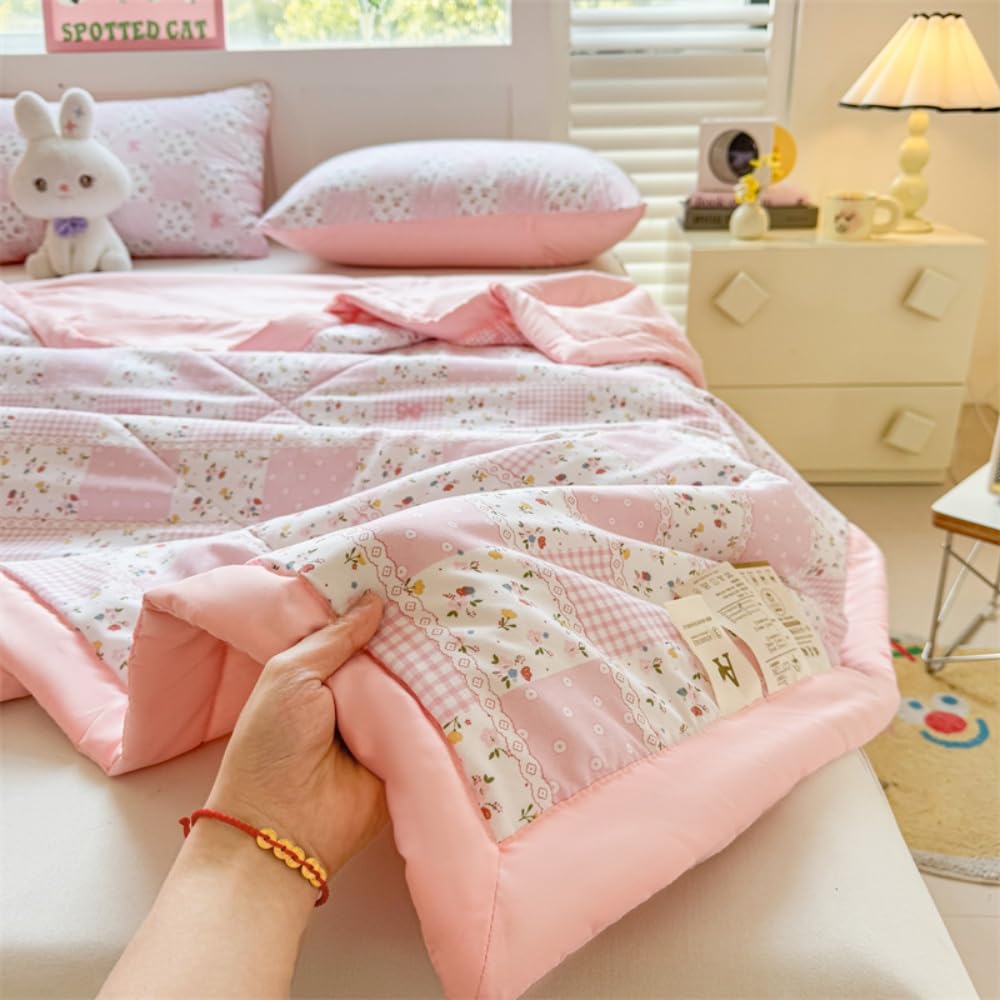 Trapuntino Copriletto Estivo Primaverile, Trapunta Leggera, Fiori Copriletto Trapuntato Cotone per Letto Singolo Letto Matrimoniale (Rosa chiaro,150x200)