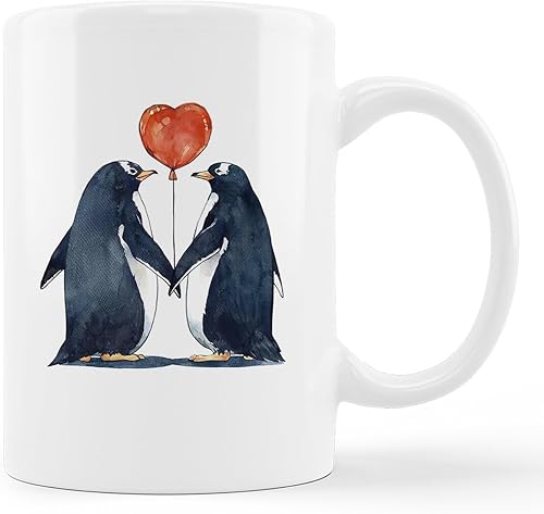 Taza de cerámica de acuarela con diseño de pingüino, pareja enamorada con corazón, taza de café de 11 onzas con asa, aniversario, cumpleaños, día de