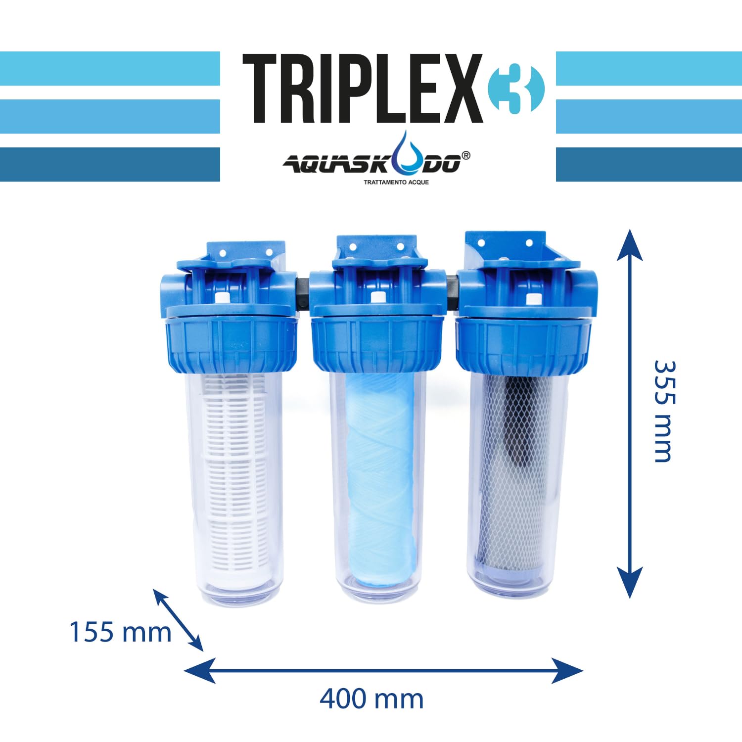AQUASKUDO Filtro Acqua Rubinetto tre Stadi 3/4, Kit Filtro Acqua Sotto Lavello Made in Italy - Depuratore Acqua Domestico, Contenitore Filtri Anticalcare e Carboni Attivi