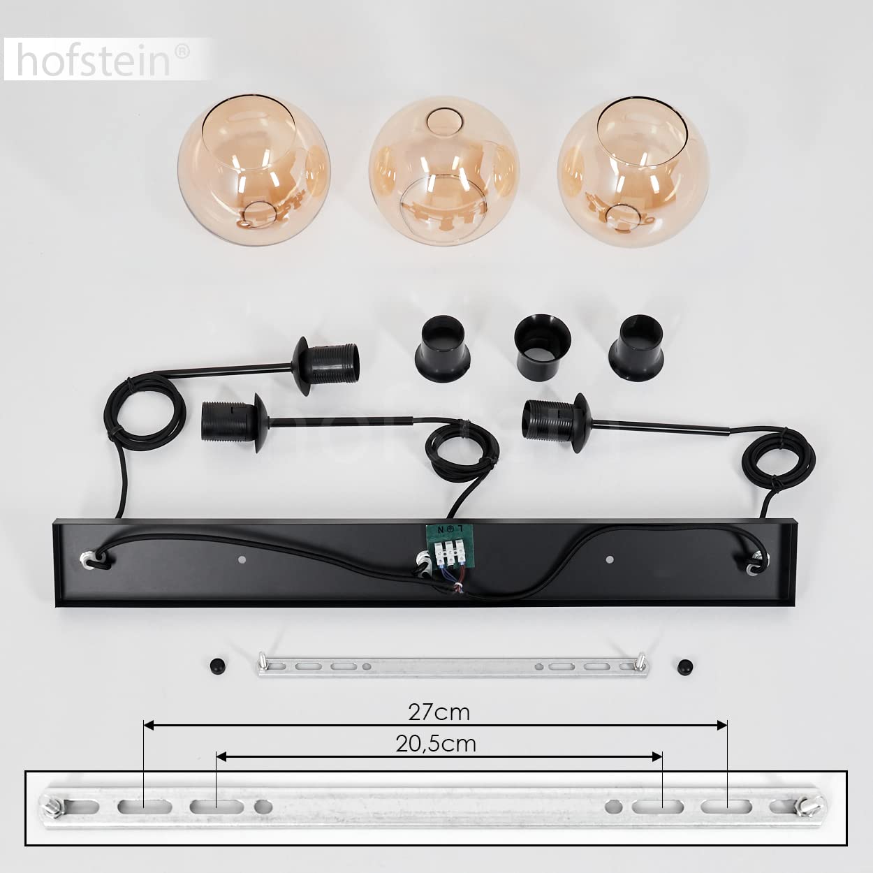 Lámpara colgante Koyoto, lámpara colgante de metal/cristal en negro/ámbar/claro, lámpara de 3 luces en diseño vintage/retro con pantallas de cristal (Ø 15 cm), altura máx. 147,5cm, E27,sin bombilla(s)