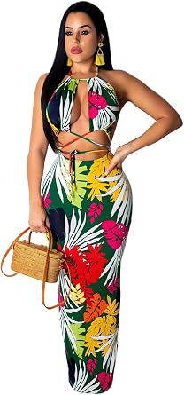 BYDIVA Women Sexy Two Piece Maxi Dress Halter Floral Printed V Neck Sleeveless Summer Beach Party Clubwear