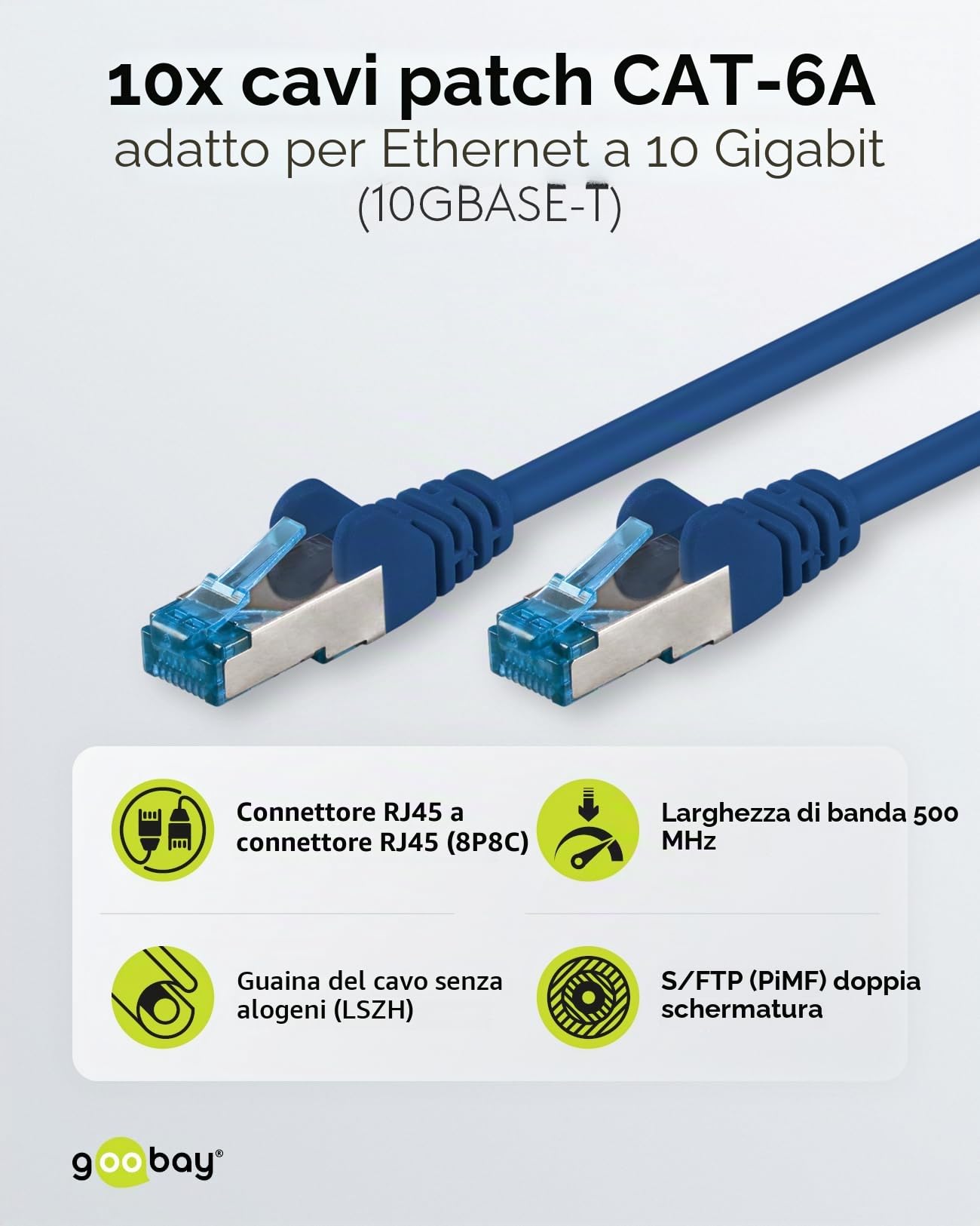goobay 66039 - Cavo di rete CAT 6A in set da 10 cavi patch schermati S/FTP/CU, PiMF, LSZH/Cat 6a con 10 Gbit/blu/10 x 5 m