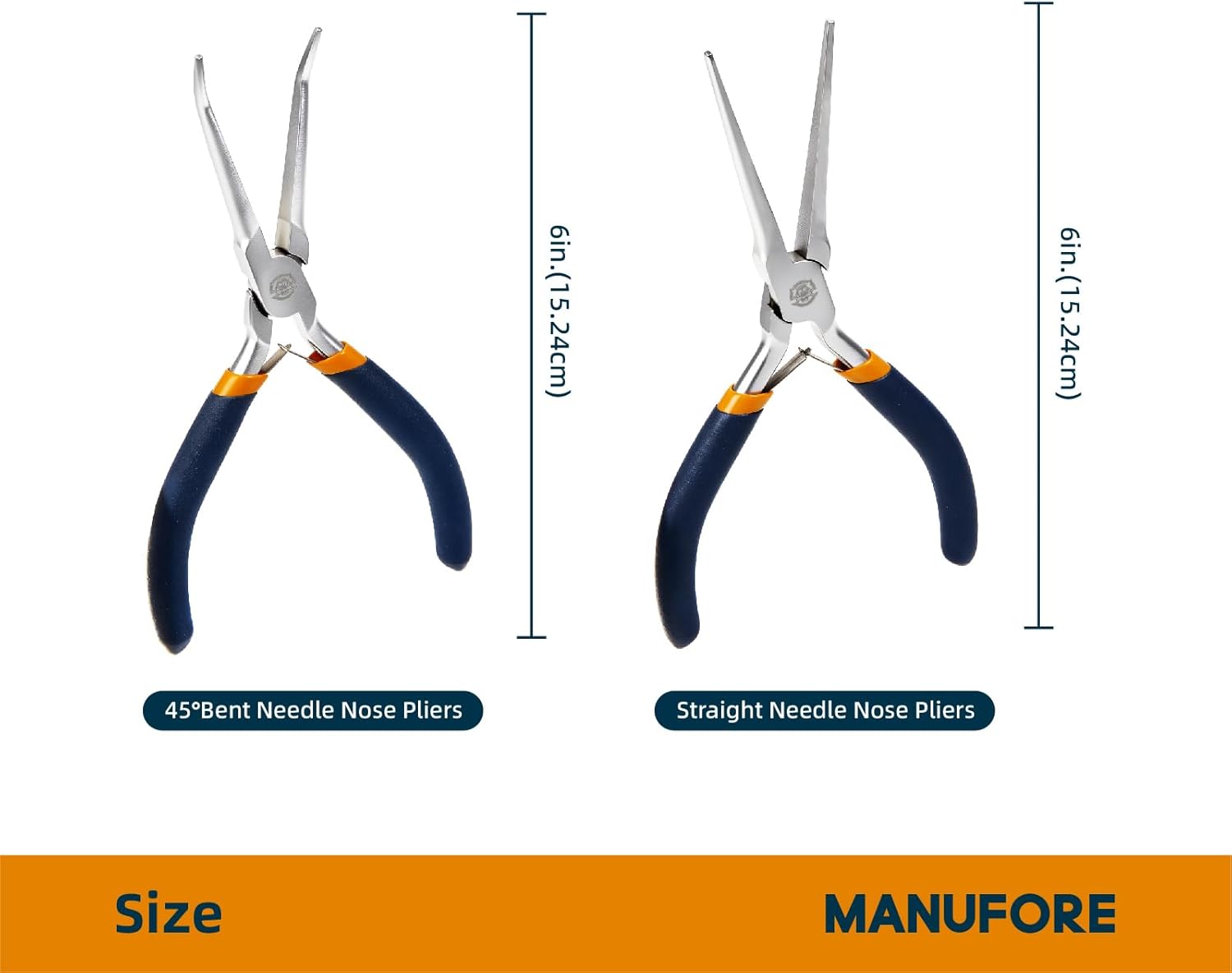 MANUFORE 2pcs 6 Inch Mini Needle Nose Pliers Set (Smooth Jaw), Straight and 45° Bent Long Nose Pliers with Comfortable Grip for Precision Handmade Craft, Jewelry Making Supplies