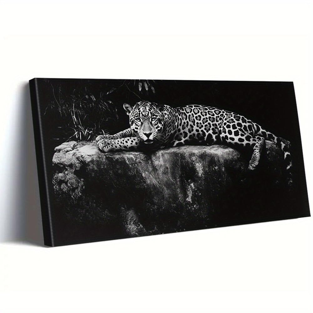 IHHGNB Wild Leopard Canvas Print Black & White Jungle Wildlife Photography Wall Art, Contemporary Minimalist Modern Artwork(80x160cm(31x63in)/No frame)