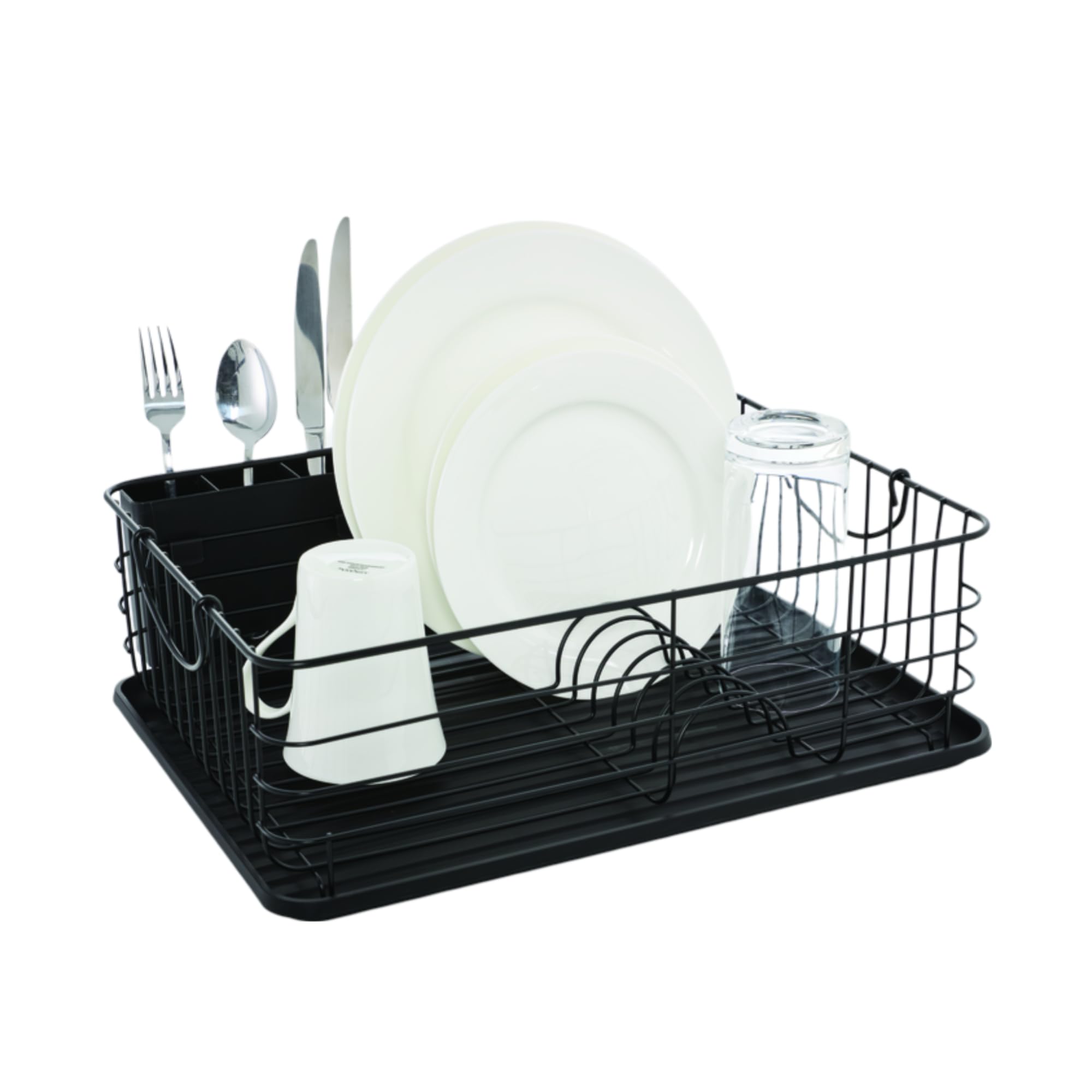 Farberware Spülbecken-Serie Geschirrständer mit Metallgriffen (42,9 x 36,8 cm) – Rostbeständiger & satinierter Rahmen mit Kunststoff-Ablaufbrett, platzsparendes, kompaktes Abtropfgestell für moderne