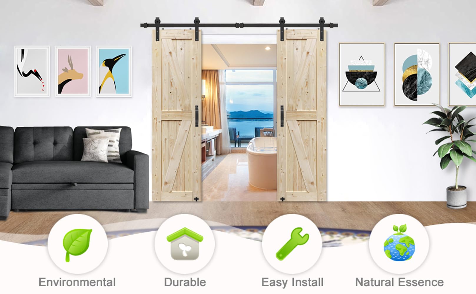 S&Z TOPHAND 24 in x 96 in Unfinished British Brace Knotty Barn Door with 4FT Sliding Door Hardware Kit/Double Surfaces/Simple Assembly is Required