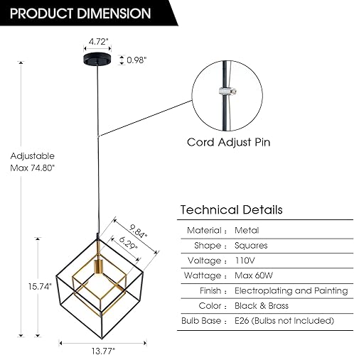 Miniatura 3 de SHANSRUI Lámpara de araña geométrica moderna, lámpara colgante de metal con 1 luz, lámpara de techo colgante de latón negro, iluminación industrial