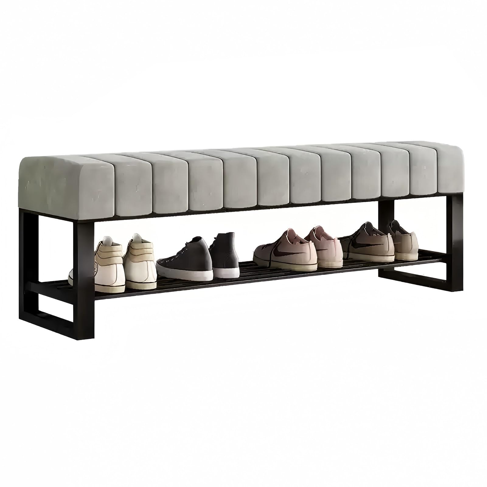 Banc de rangement haut de gamme en velours gris pour couloir