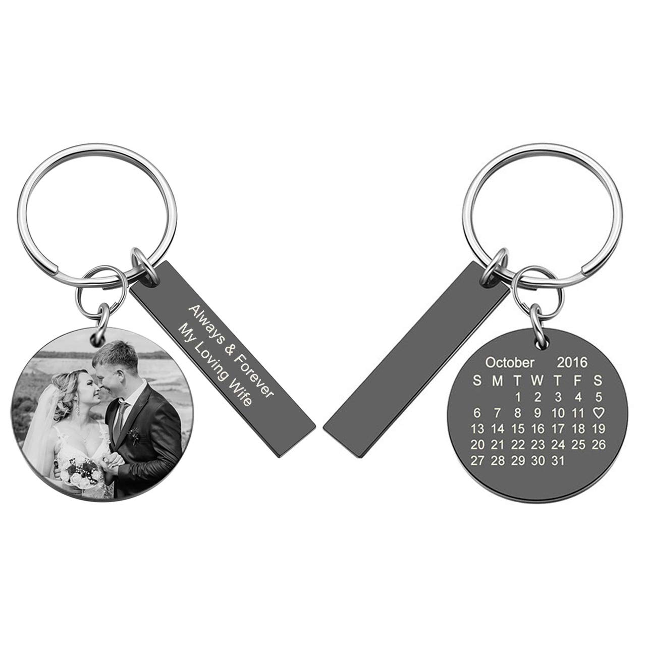 BOPREINAPersonalized Custom Picture Keychain Photo & Special Date Calendar Keychain Stainless Steel Round Pendant Keyring Couple Gifts for Boyfriend Girlfriend Anniversary Birthday