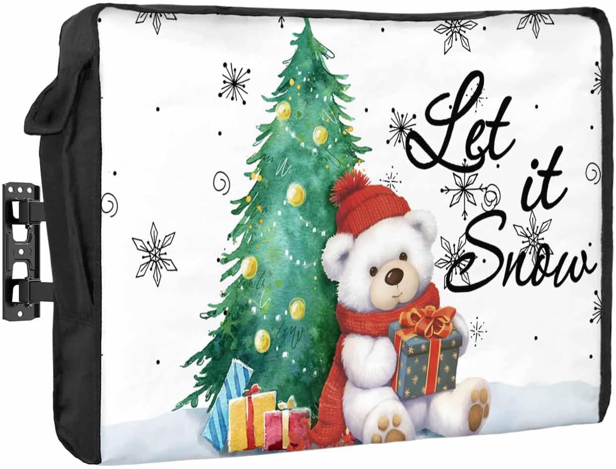Christmas Tree Outdoor TV Cover 60"-65" - 600D Waterproof TV Cover Weatherproof TV Screen Protector Dustproof Winter Xmas Bear Snowflake Blue TV Display Protector for Outside Flat Screen TV