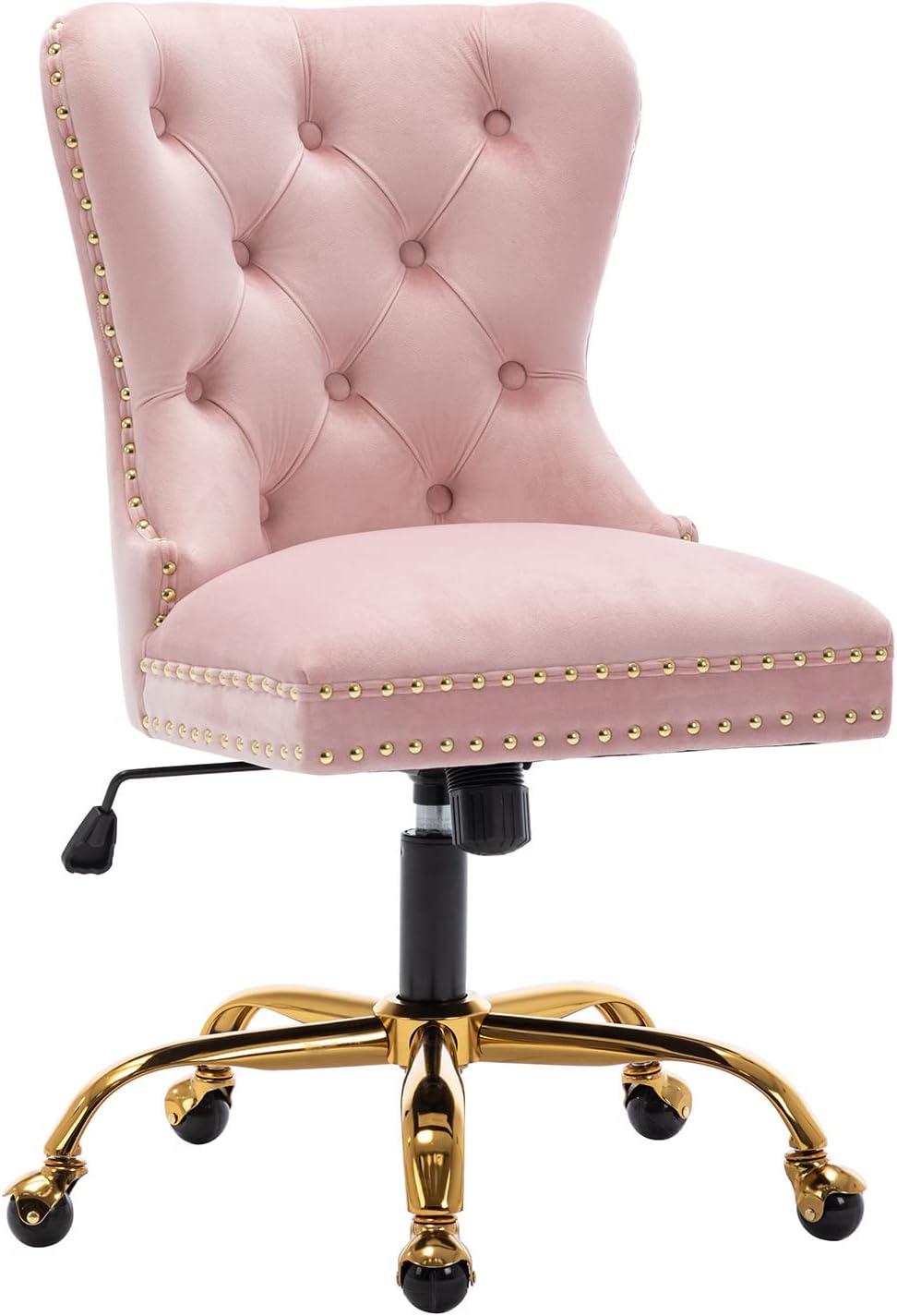 Velvet Home Office, Upholstered Adjustable Swivel Desk Chair with Gold Base, Tufted Study with Comfy High Back for Teens Study Makeup Pink