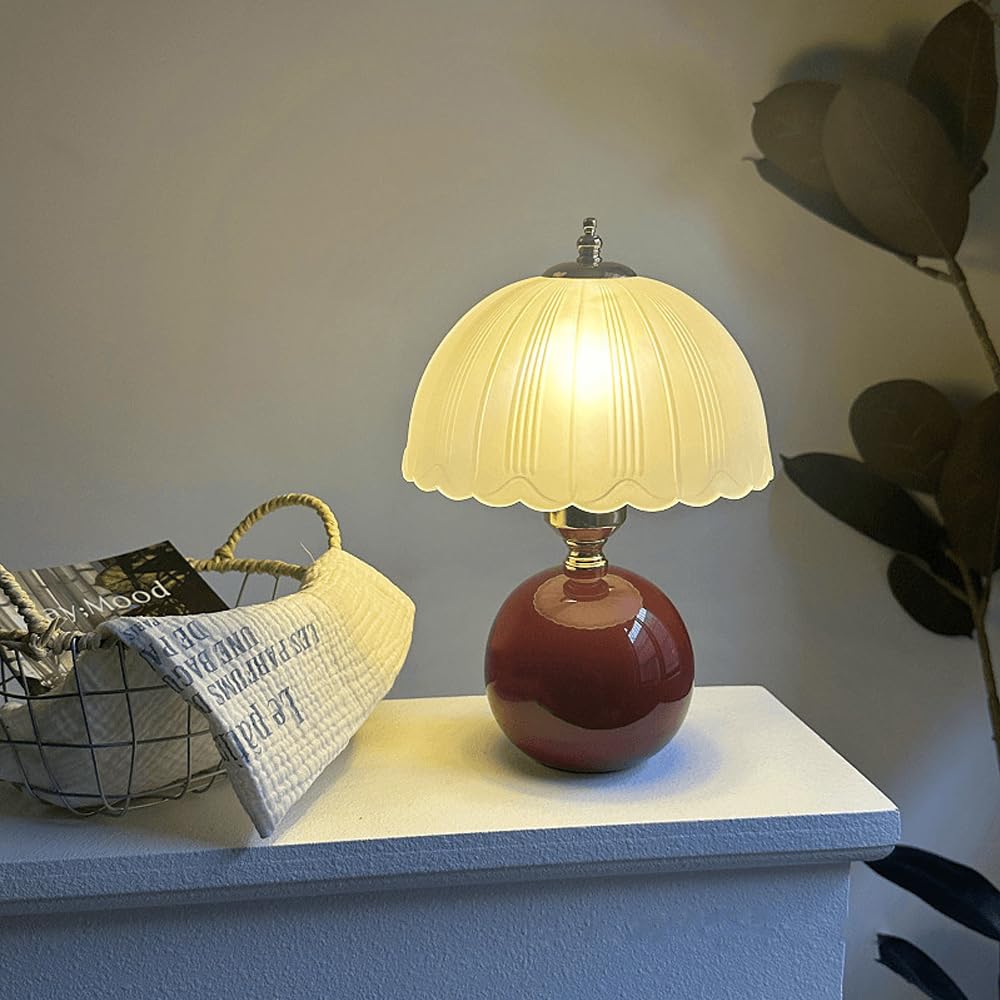 Mengjay Lampe de Table Vintage en Céramique,E27 Lampe de Chevet avec Abat-Jour en Verre,Lampe de Bureau Intérieur avec Prise et Interrupteur pour Chambre Salon Bureau Bar (Rouge)