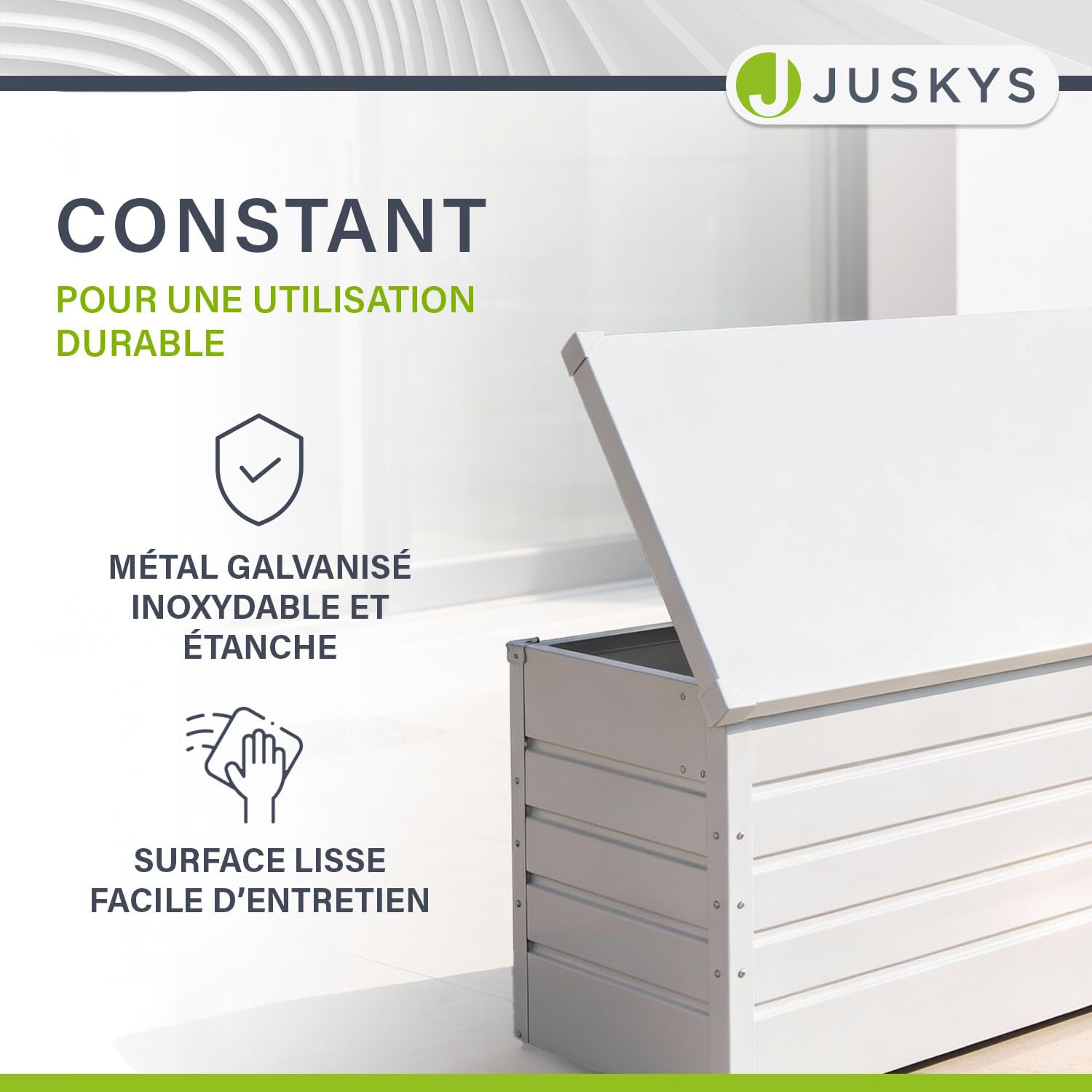 Juskys Boîte de rangement en métal Limani 380 L étanche verrouillable jardin blanc