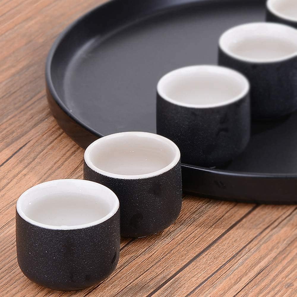 6 Pieces Sake Set Japanese Black Ceramics Wine Glasses with Ceramic Tray Traditional Crafts Cups for Cold/Warm/Hot Sake/Shochu/Tea