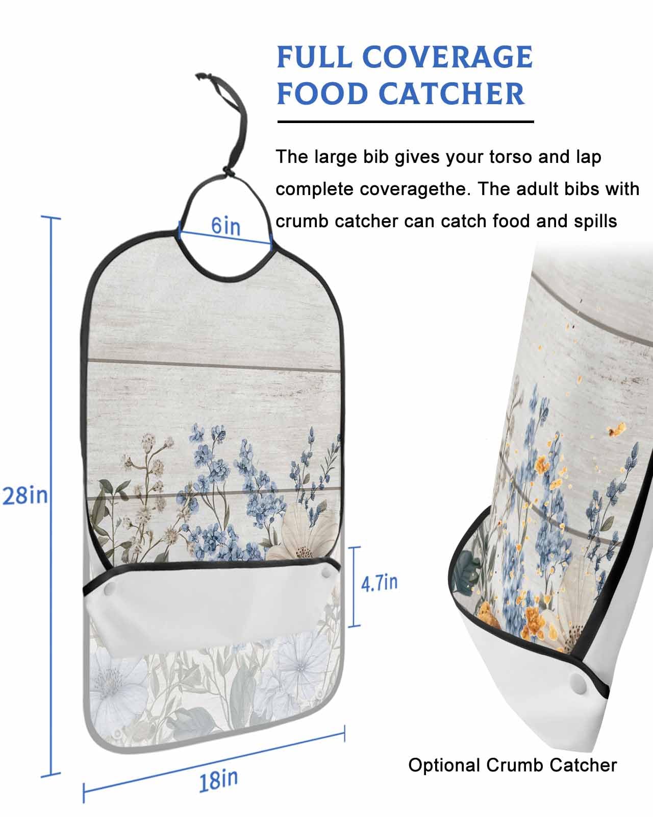 Adult Bibs for Elderly Women - Blue Floral Spring Waterproof Dining Clothing Protectors with Crumb Catcher for Eating/Feeding, Summer Botanical Flower Vintage Terry Cloth Bib Machine Washable