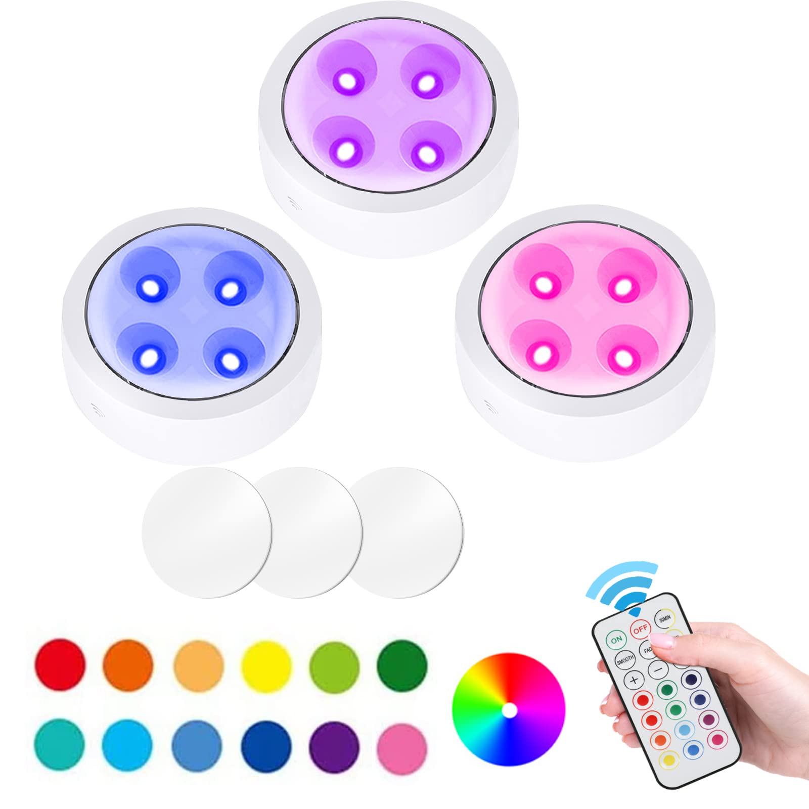 WUYOR Kabinett Beleuchtung RGB 16 Farben – Drahtlose LED Puck Lights Mit Fernbedienung, Timer, Dimmbar, Batteriebetrieben (3er Set, Schwarz)