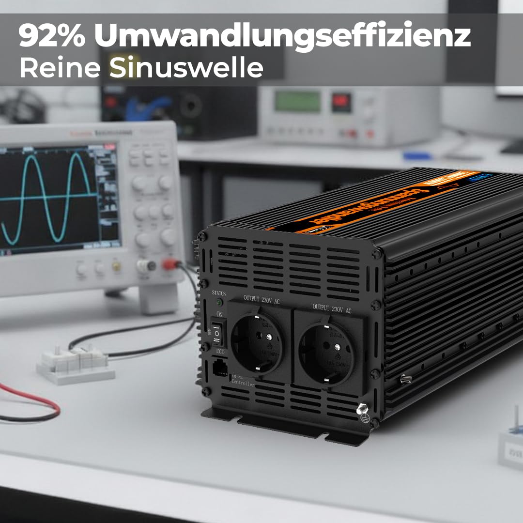 EDECOA Wechselrichter 1500W Reiner Sinus – 12V auf 230V mit ECO-Modus, Bluetooth & App für Auto, Wohnmobil & Solarenergie – Tragbarer Stromwandler mit LCD-Display