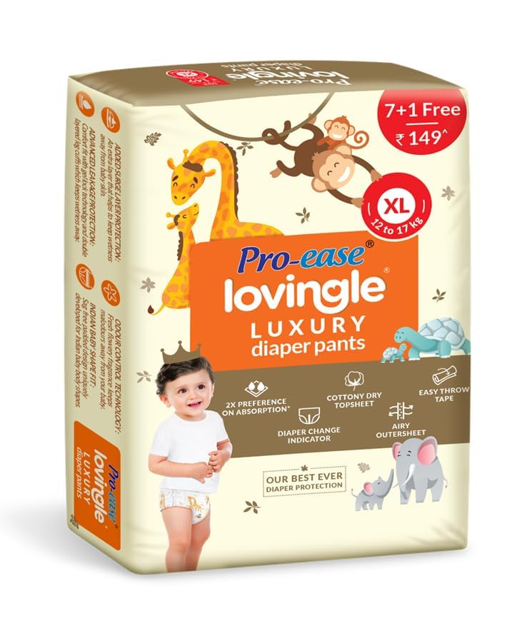 Image of Pro-ease Lovingle Baby Diaper|Pant Style Diaper for Baby|Diaper XL size|2X preference on Absorption*IAdvanced Leakage Protection|Wetness Indicator|Easy Throw Tape|12-17 kg|8 (7+1 Free)