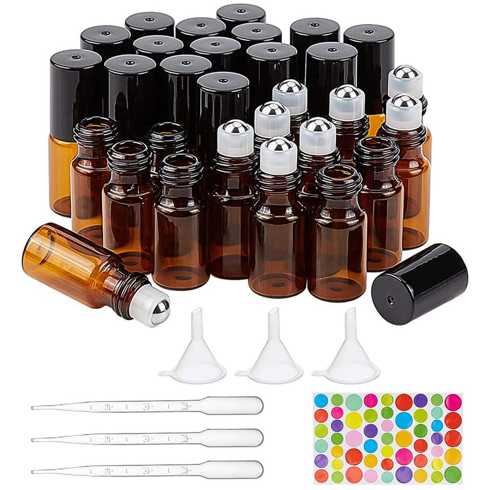 BENECREAT 30 Packs 3ml Mini Amber Brown Glass Roller Bottle with Black Cap, Essential Oil Roll on Bottle with Opener, Hoppers, Droppers and Labels for Perfume Aromatherapy Fragrance