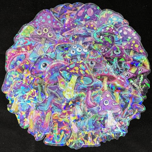 Image of 50 Pcs Mushroom Holographic Stickers for Teens- Transparent Waterproof PET Stickers for Journal, Phone Case, Cup, Laptop, Scrapbook- Ins Aesthetic Scrapbook Decorations
