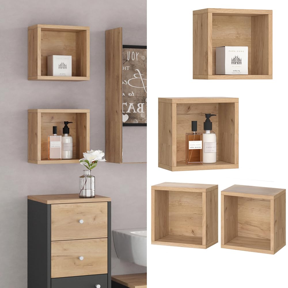 Vicco Mensola a muro Senyo, rovere Goldkraft, 25 x 25 cm set da 2, per il bagno, Tanto spazio per gli utensili da bagno
