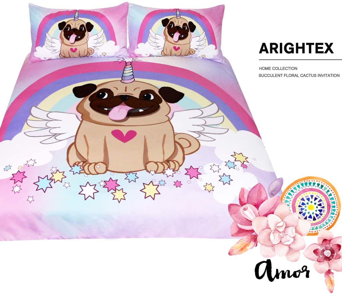 ARIGHTEX Unicorn Pug Bedding Unicorn Bedding Twin for Girls 3 Piece Cute Puppy Dog Duvet Cover Rainbow Stars Cartoon Bedspread