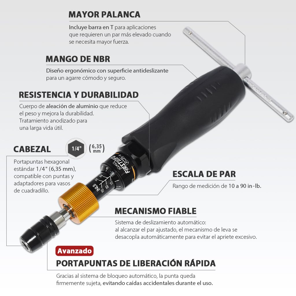 FIRSTINFO H5188 | 1/4" | 10-90in-lb | Destornilladores dinamométricos | Con sistema de cambio rápido Rapidaptor