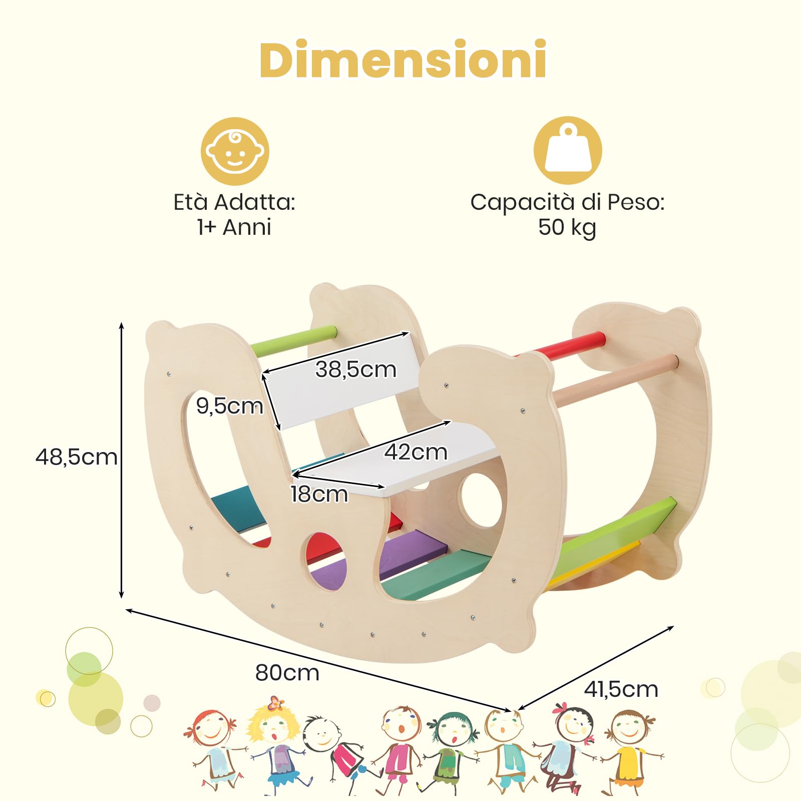GYMAX 2 in 1 Arco a Dondolo per Bambini, Set Arrampicata Montessori e Cavallo a Dondolo in Legno con Schienale e Sedile, Giostra Interna in Palestra per Giochi Didattici, Regalo per Ragazzi 1+ Anni