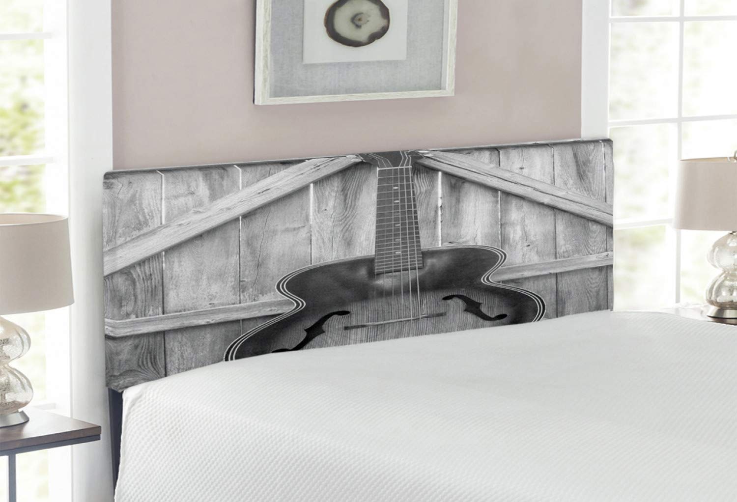 Lunarable Western Headboard, Vintage Acoustic Instrument Guitar Hanged on Old Wooden Door Fences Country Ranch, Upholstered Decorative Metal Bed Headboard with Memory Foam, Full Size, Black Grey