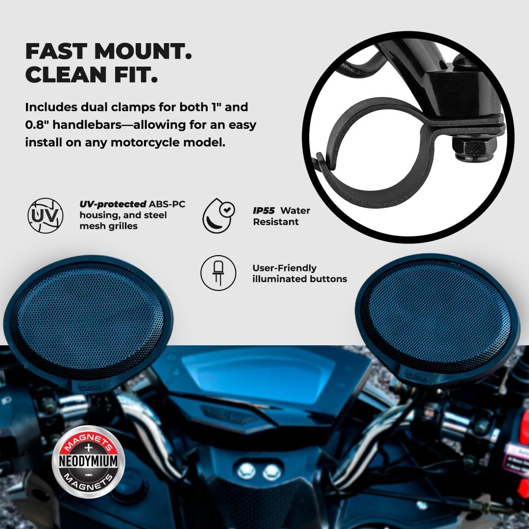 DS18 RYDERBT speaker pods showing dual clamps for 1 inch and 0.8 inch handlebars, UV-protected housing, steel mesh grilles, IP55 water resistance, and user-friendly illuminated buttons