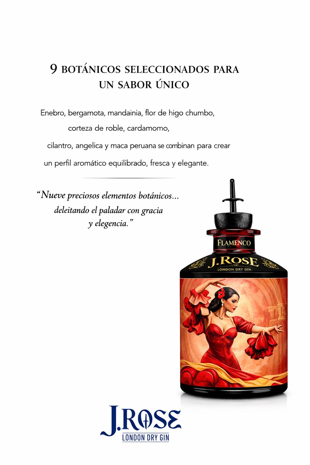 J.Rose Flamenco London Dry Gin 70 cl | Ginebra Premium Artesanal Italiana | 9 Botánicos | Edición Especial | 43% Vol | Diseño Francesco Palma | Ideal para Cócteles