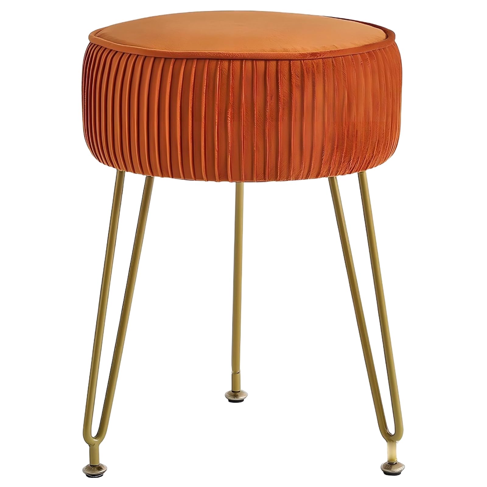 AYES Tabouret ottoman en velours avec siège rond, chaise de coiffeuse rembourrée en peluche, pieds robustes en métal doré pour chambre à coucher et coiffeuse, orange