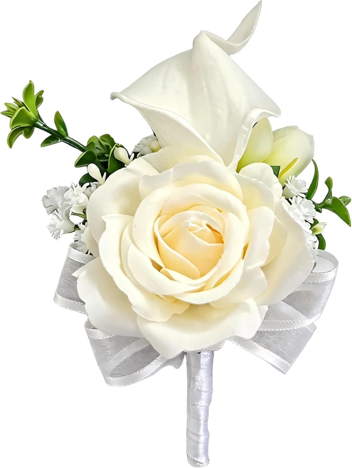 Artificial White Boutonniere for Men, White Calla Lily Rose Boutonniere for Wedding Prom Groom Groomsmen, Handmade Fake Flower Lapel Pin with Pin & Clip