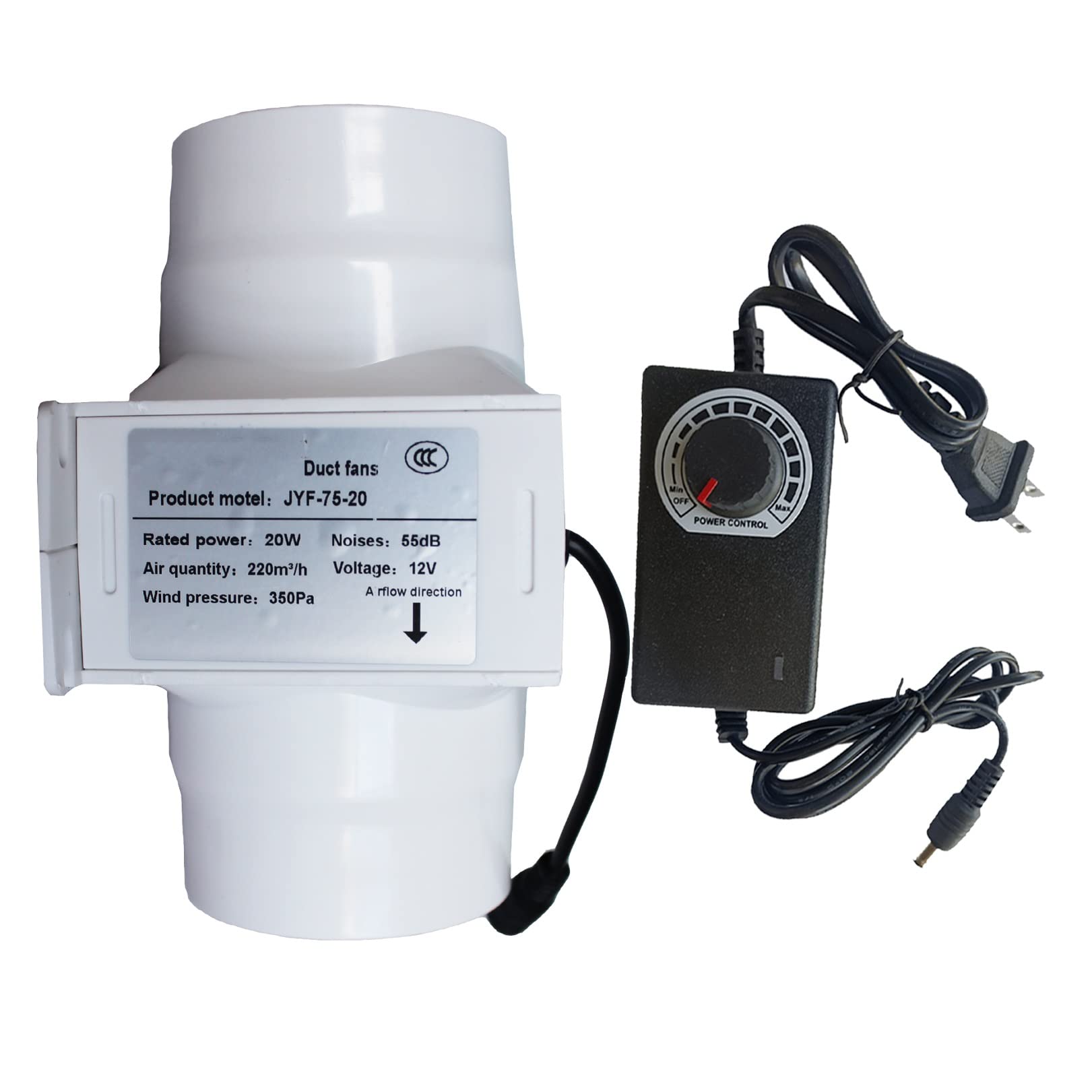 Fan Duct Inline Speed Controller Interface 3 Inch Blower Ventilation Air Circulation 130 CFM In-Line Booster 20W and 12V for Attic Kitchen and Kitchen ( Colour: Adjustable Speed