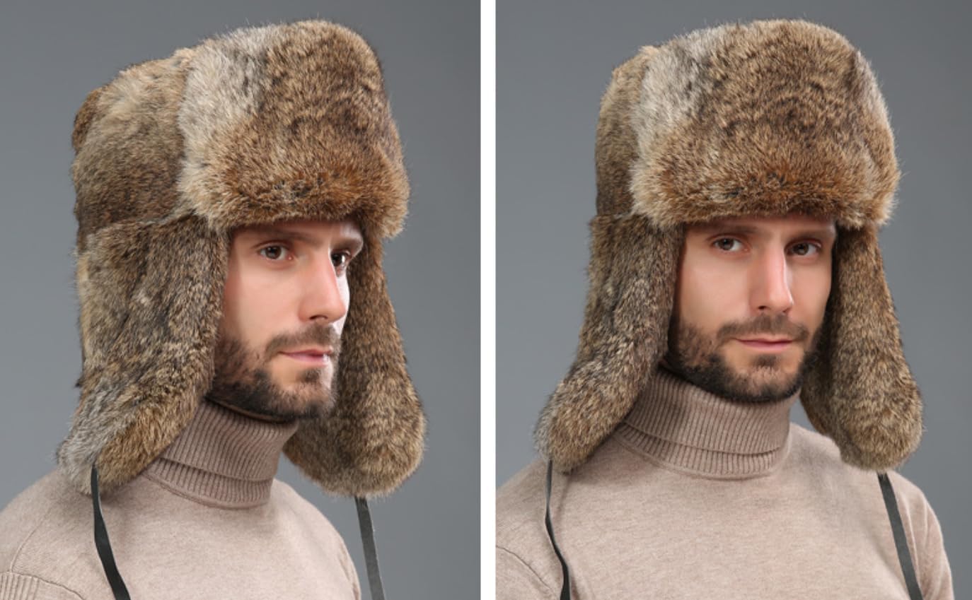 Unisex Trapper Hat Earmuffs Winter Cossack Hat Long Pile Real Fur, Russian Ushanka Hat Men Women Windproof Hunting Hat