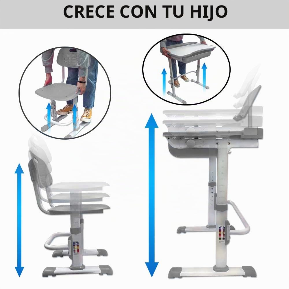 Yinleader Kids Juego de escritorio y silla para niños, mesa ajustable con lámpara de protección visual, soporte para libros, escritorio basculante ideal para escribir, leer y dibujar (gris)