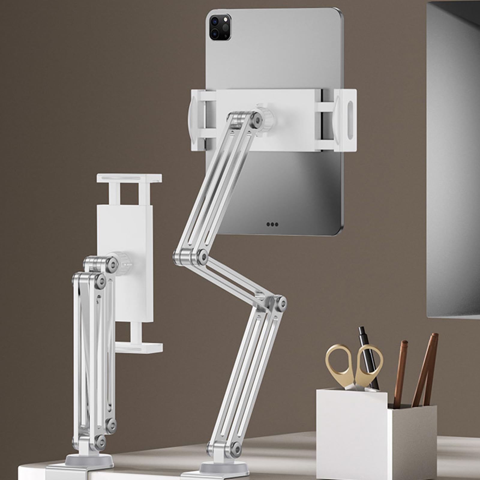 Supporto regolabile a 4 assi con morsetto pieghevole e girevole a 360 gradi per tablet e smartphone, struttura in alluminio, supporto regolabile per telefono