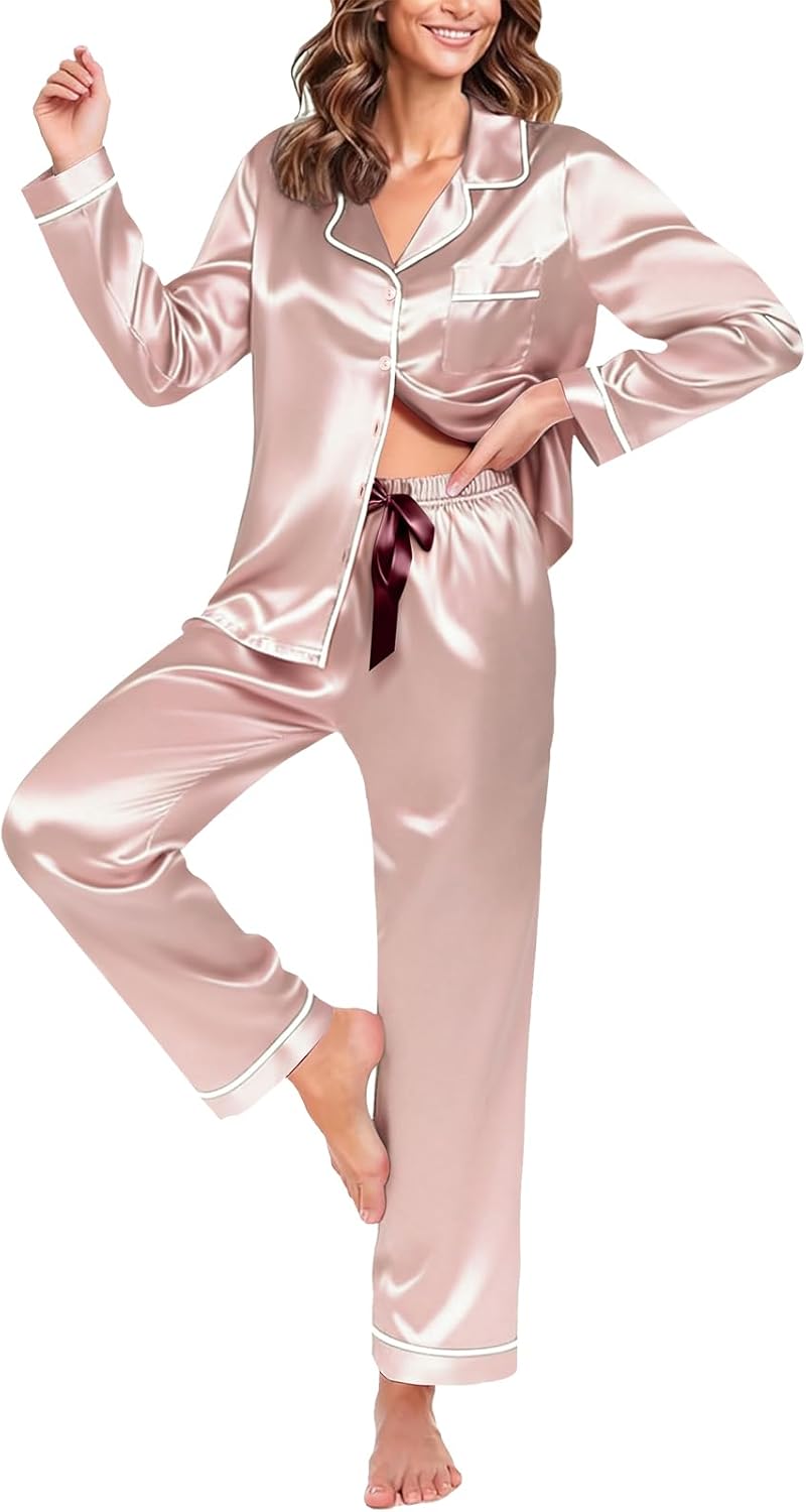 Womens Silk Satin Pajama Sets Long Sleeve,2 Piece Sleepwear with Button Down Top and Pants,Soft Loungewear