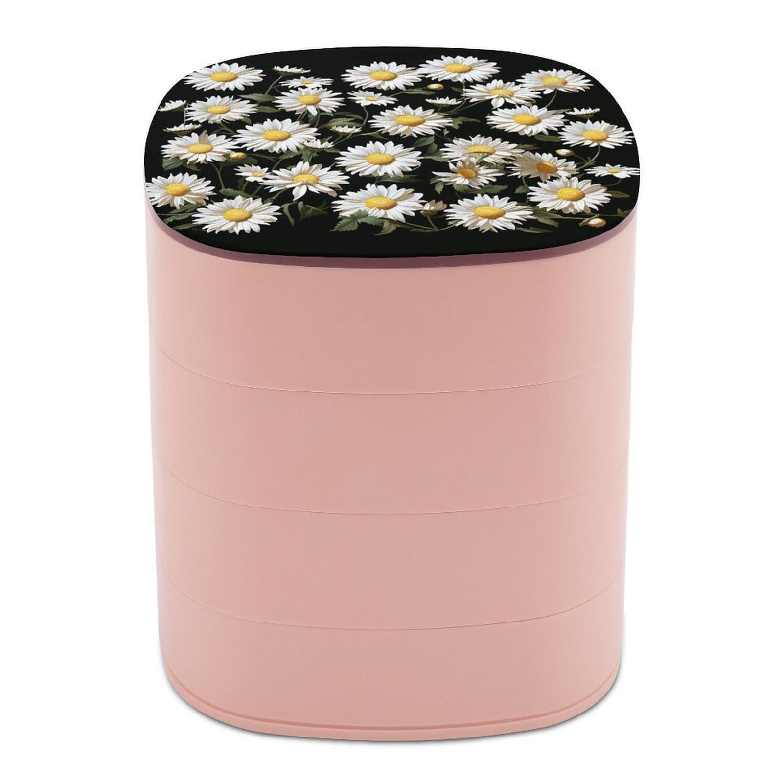 VstaDank Daisy Jewelry Organizer Small Travel Earring Storage Box with Mirror 4-Layer Rotating Travel Jewelry Tray Case with Lid Large Capacity Jewellery Holder Case
