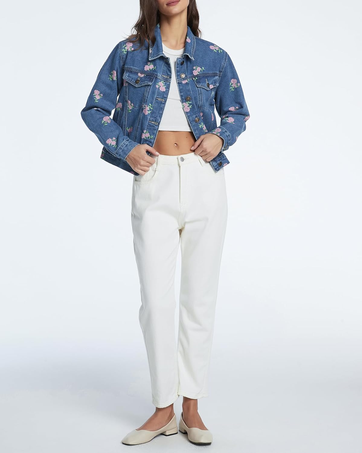 Kedera Denim Jackets for Women Trendy 2025 Long Sleeve Button Down Crop Floral Print Jean Jackets Fall Short Jean Coat - Image 3